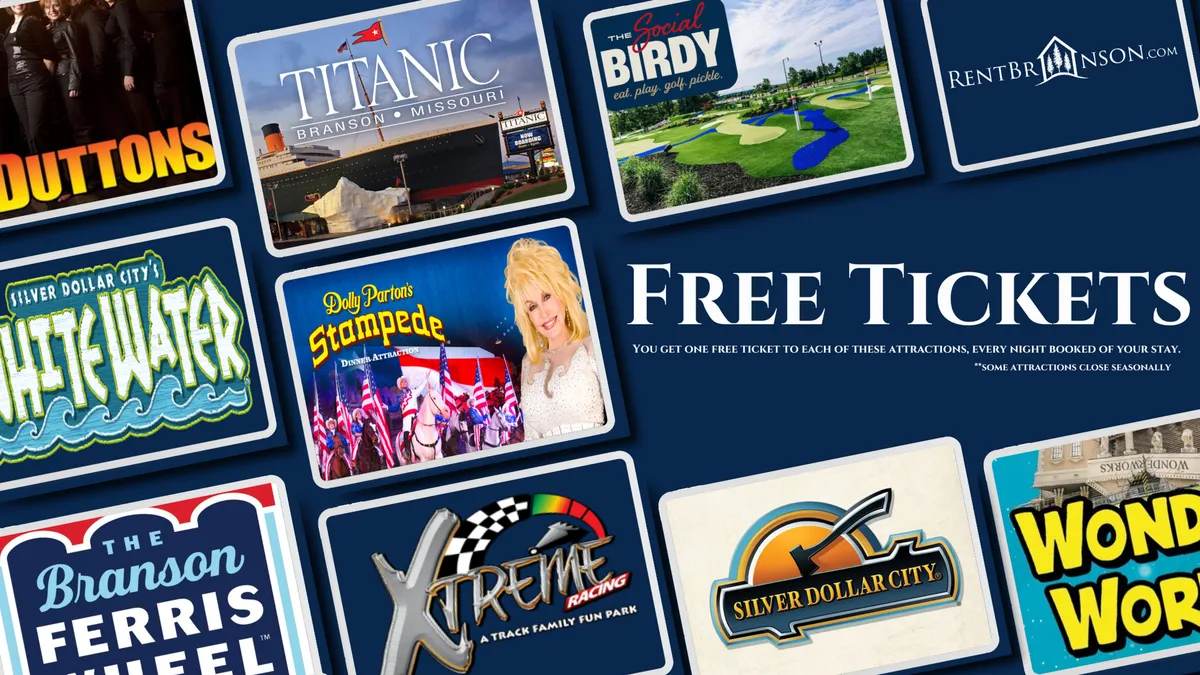 An interior scene featuring colorful logos and designs related to local attractions, as well as references to tickets and entertainment. The atmosphere is lively, hinting at family-friendly fun and the excitement of exploring Branson’s many offerings.