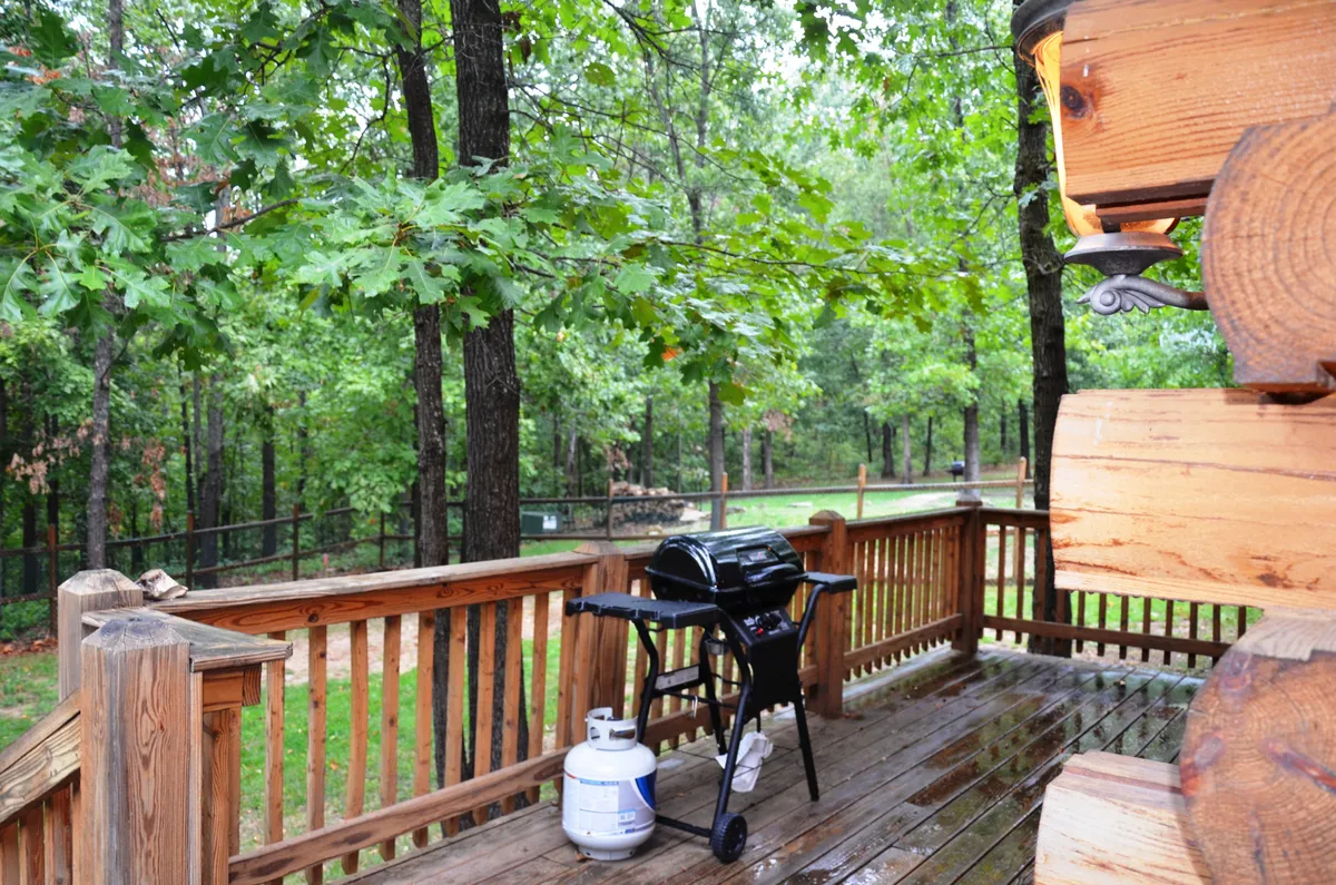This exterior image highlights a deck with a grill, surrounded by lush trees and natural scenery. The deck is enclosed with railings, and the space feels both secure and connected to nature, ideal for unwinding while keeping an eye on pets.